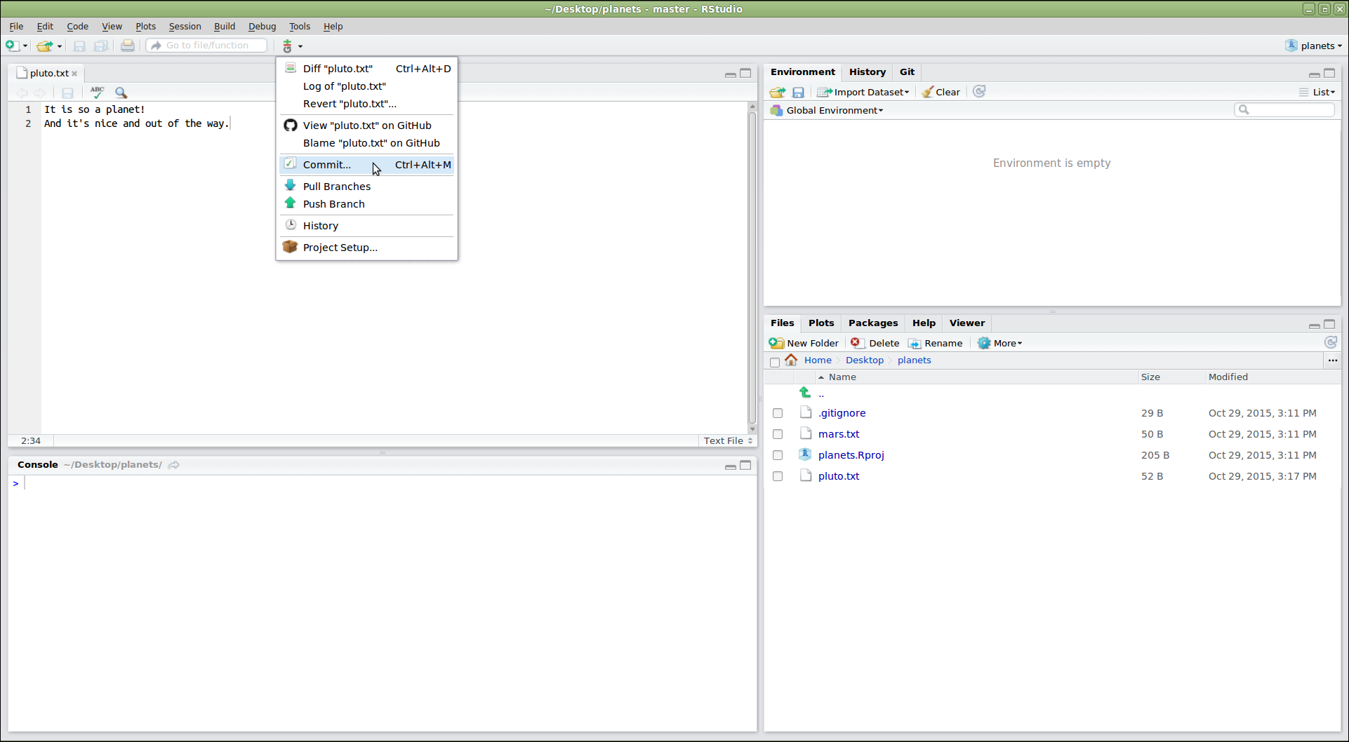 RStudio screenshot showing the Git menu dropdown with the "Commit..." option selected