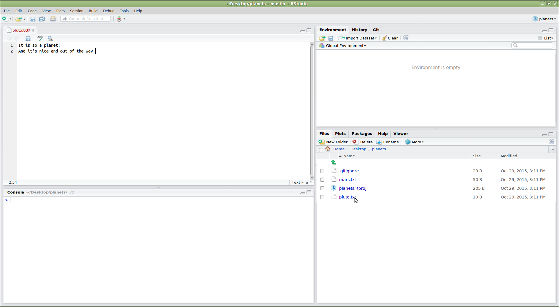 RStudio window demonstrating the use of the editor panel to modify the "pluto.txt" file