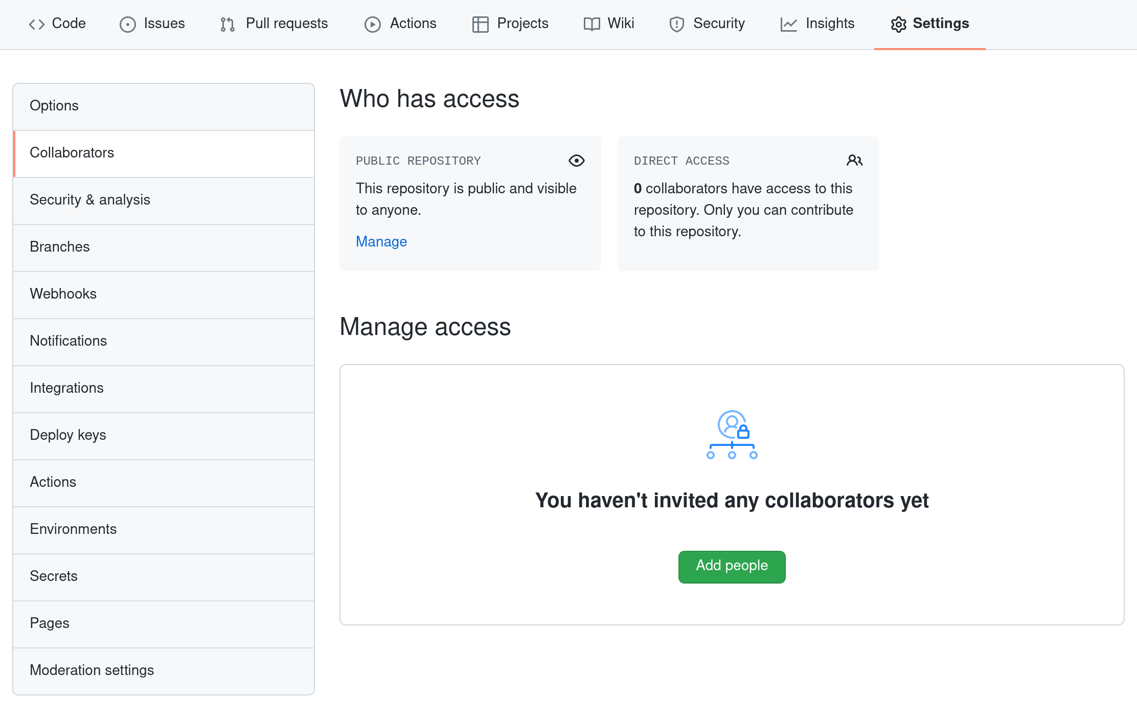 A screenshot of the GitHub Collaborators settings page, which is accessed by clicking "Settings" then "Collaborators"