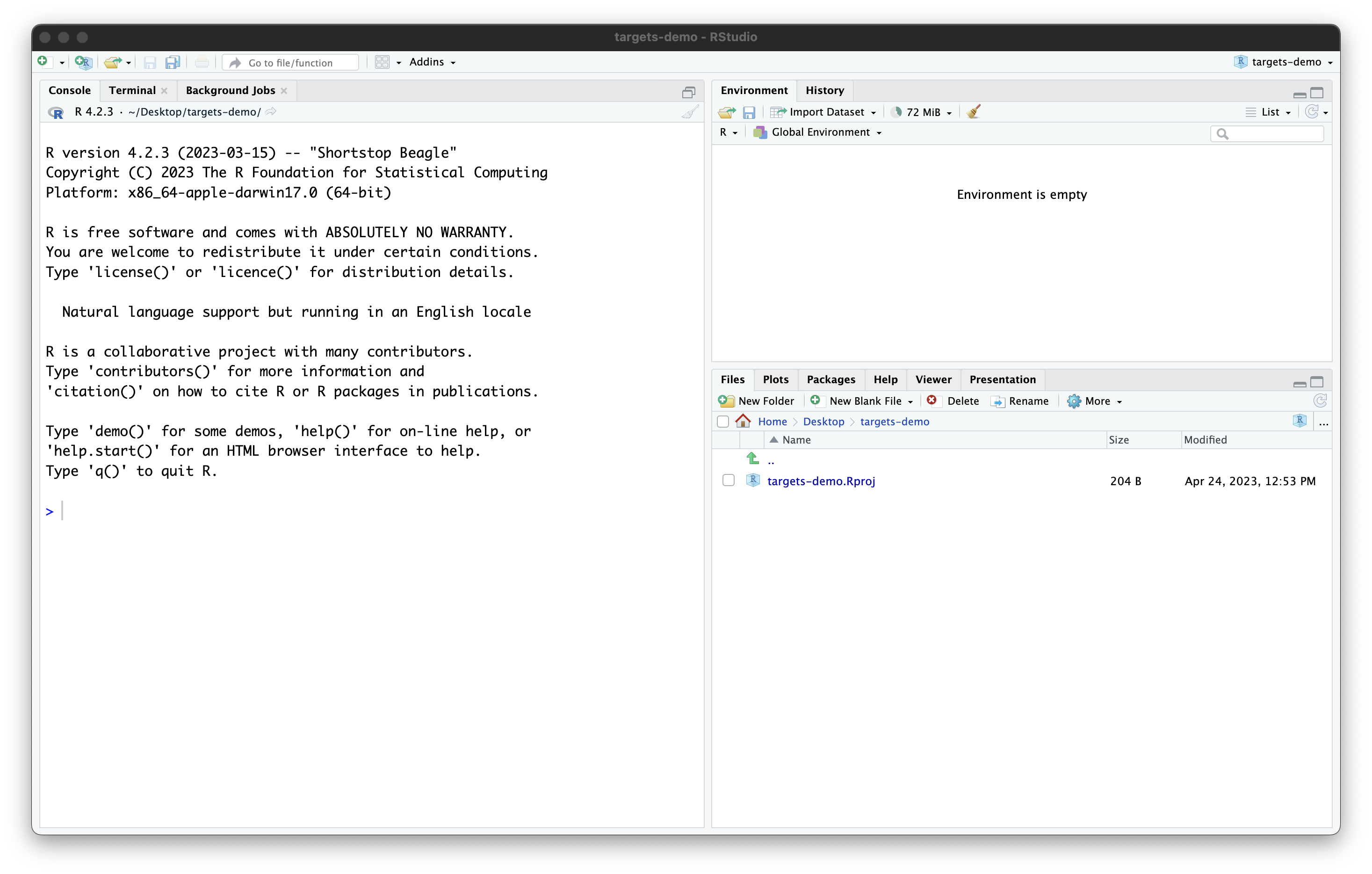 新しく作成された 'targets-demo' プロジェクトが開かれ、1つのファイル 'targets-demo.Rproj' を含むRStudioのスクリーンショット