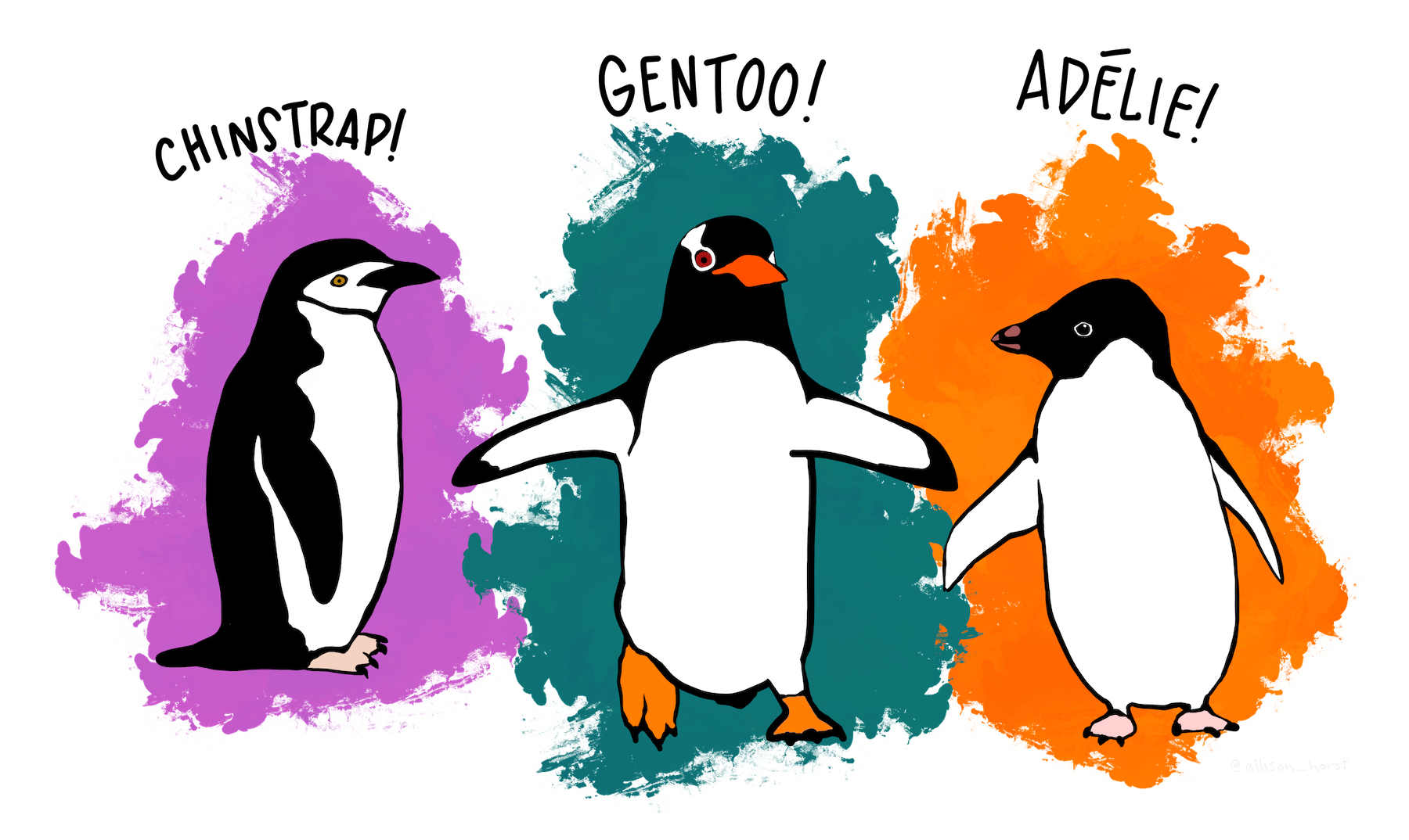 3羽のペンギンが並んでいるイラスト。それぞれ色のしぶきを背景にしている。左にヒゲペンギンの横向き、中央に翼を広げたジェンツーペンギン、右にアデリーペンギン。